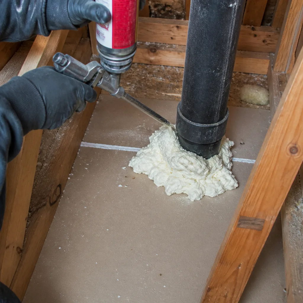 Worker applying spray foam insulation around attic pipe for air sealing in Anaheim, CA