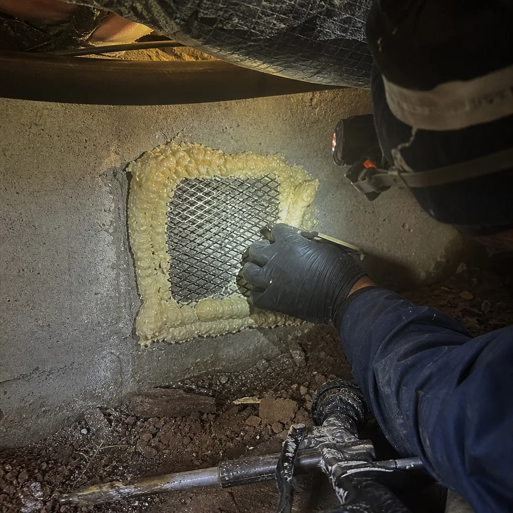 Technician using spray foam to seal crawl space vent for rodent proofing in Anaheim, CA
