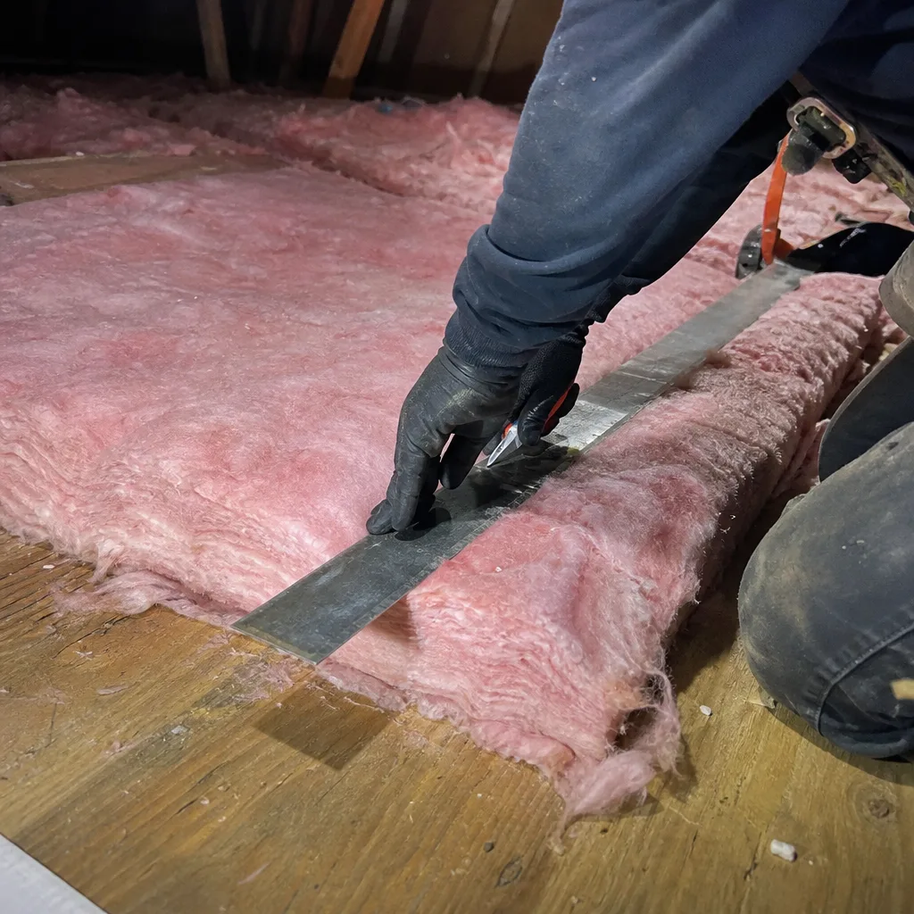 Contractor cutting pink fiberglass attic insulation with a utility knife.