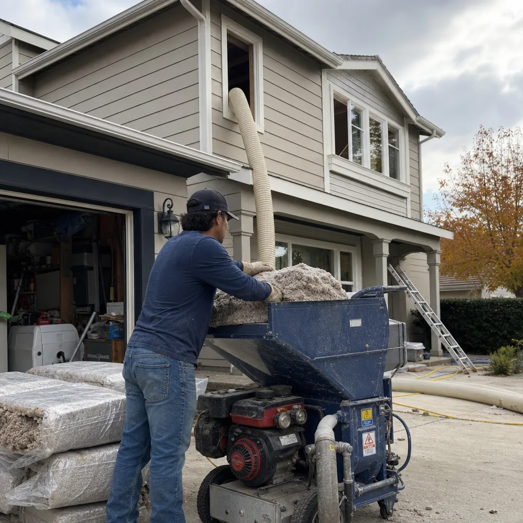 Contractor using machine for residential blown-in attic insulation service