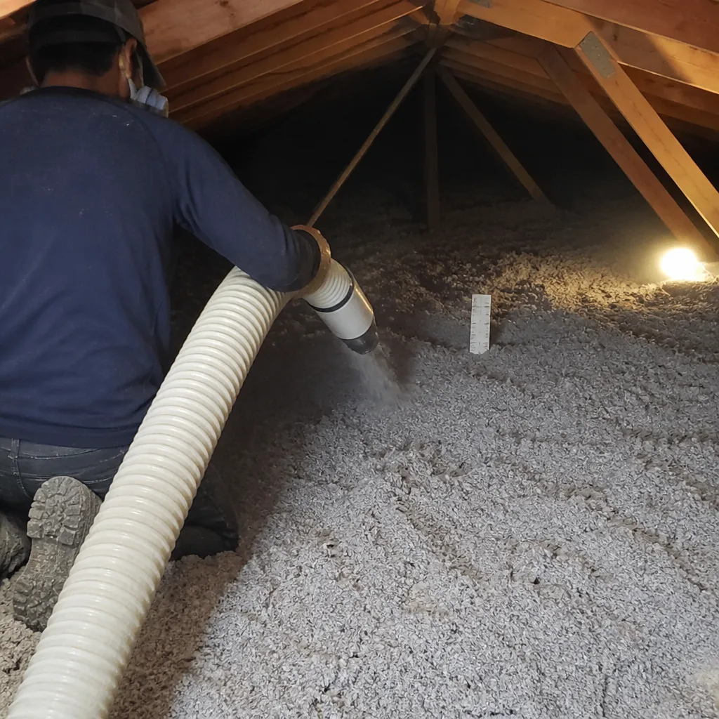 Technician installing blown-in cellulose insulation in an attic