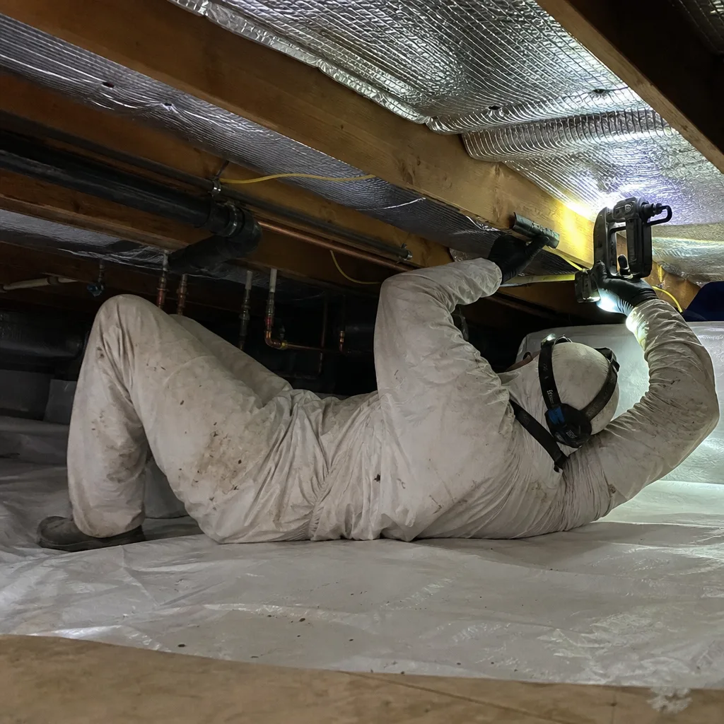 Technician installing crawl space encapsulation vapor barrier and insulation in Anaheim, CA