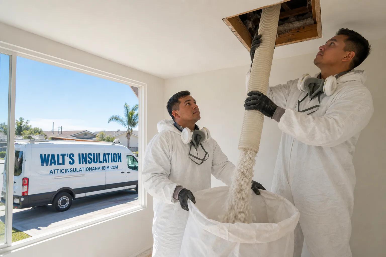 Walt's Insulation insulation service vehicle and crew in Anaheim, CA