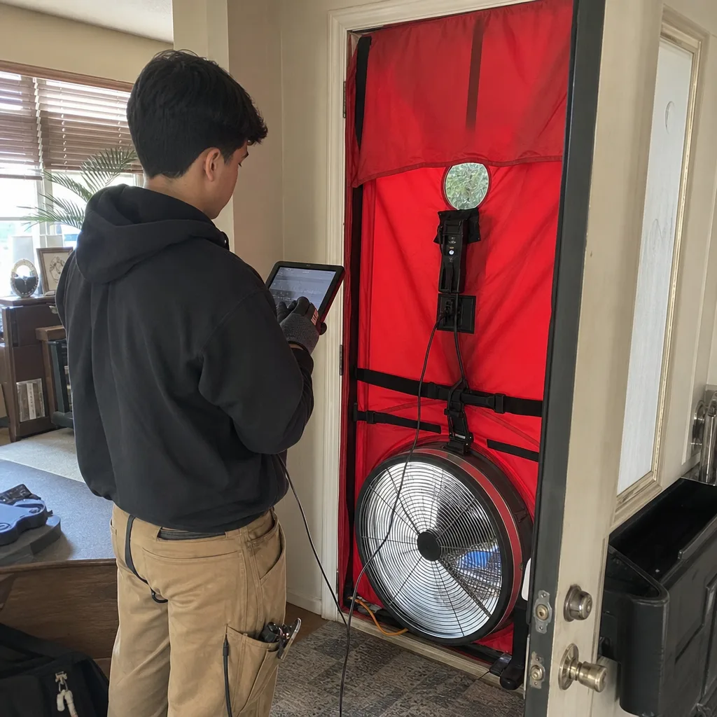 Technician performing a residential home energy audit using a blower door test in Anaheim, CA