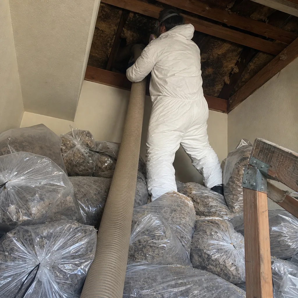 Professional insulation removal service in an attic using vacuum equipment in Anaheim, CA