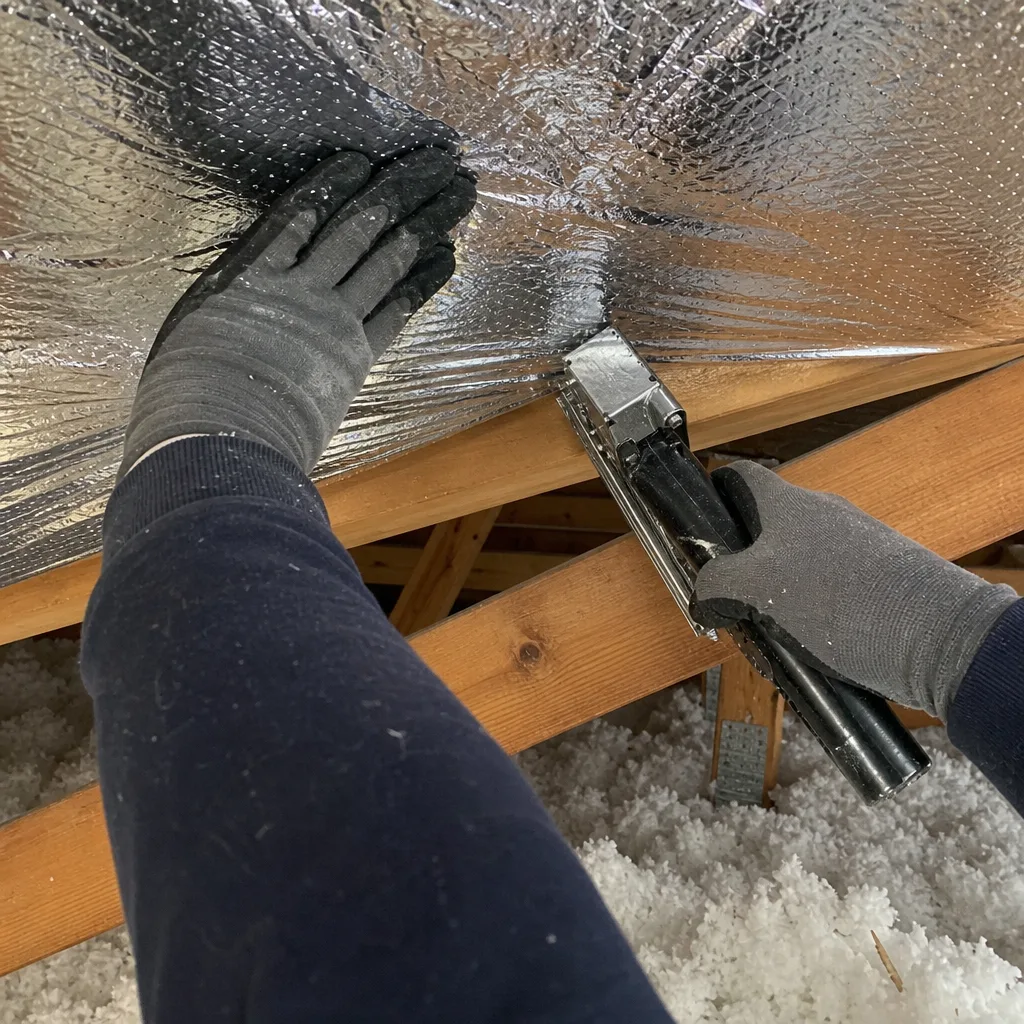 professional installing reflective radiant barrier insulation in an attic in Anaheim, CA