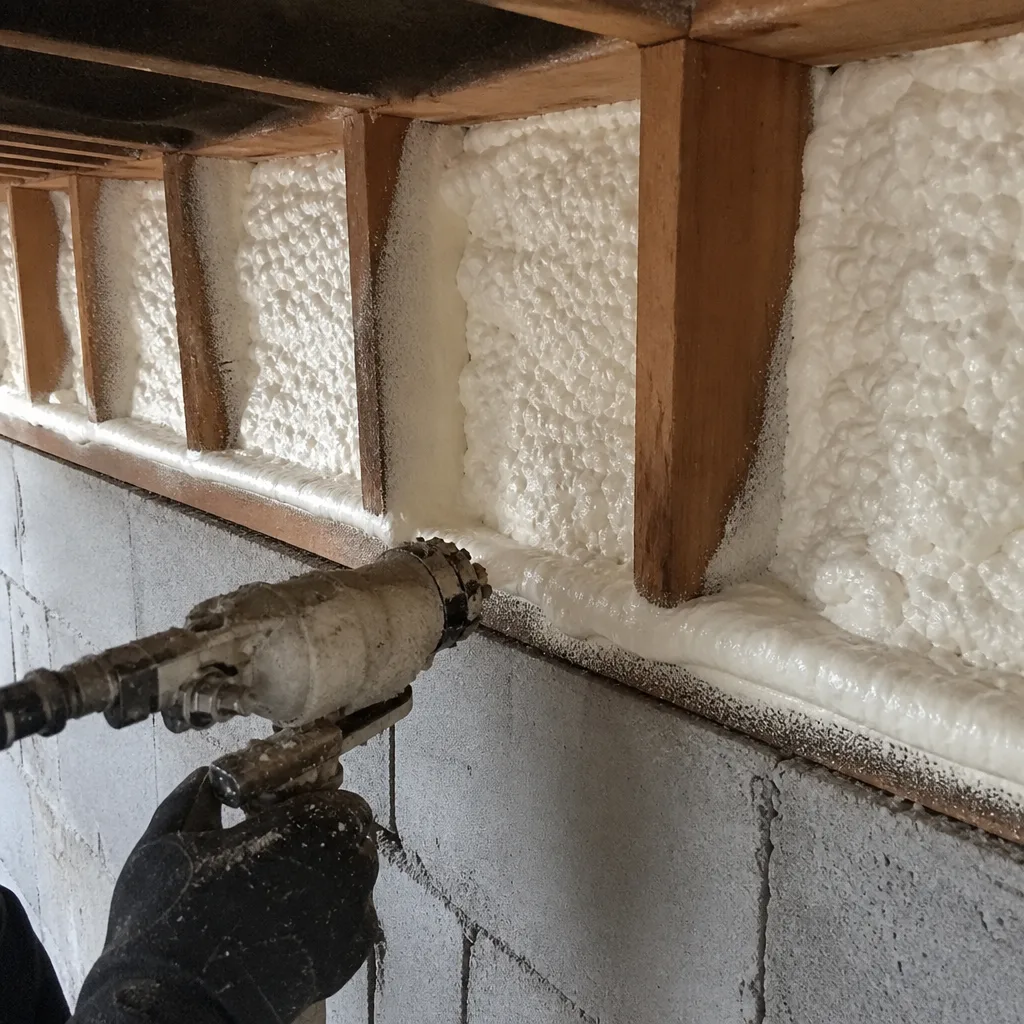 Contractor applying professional spray foam insulation between wooden ceiling joists