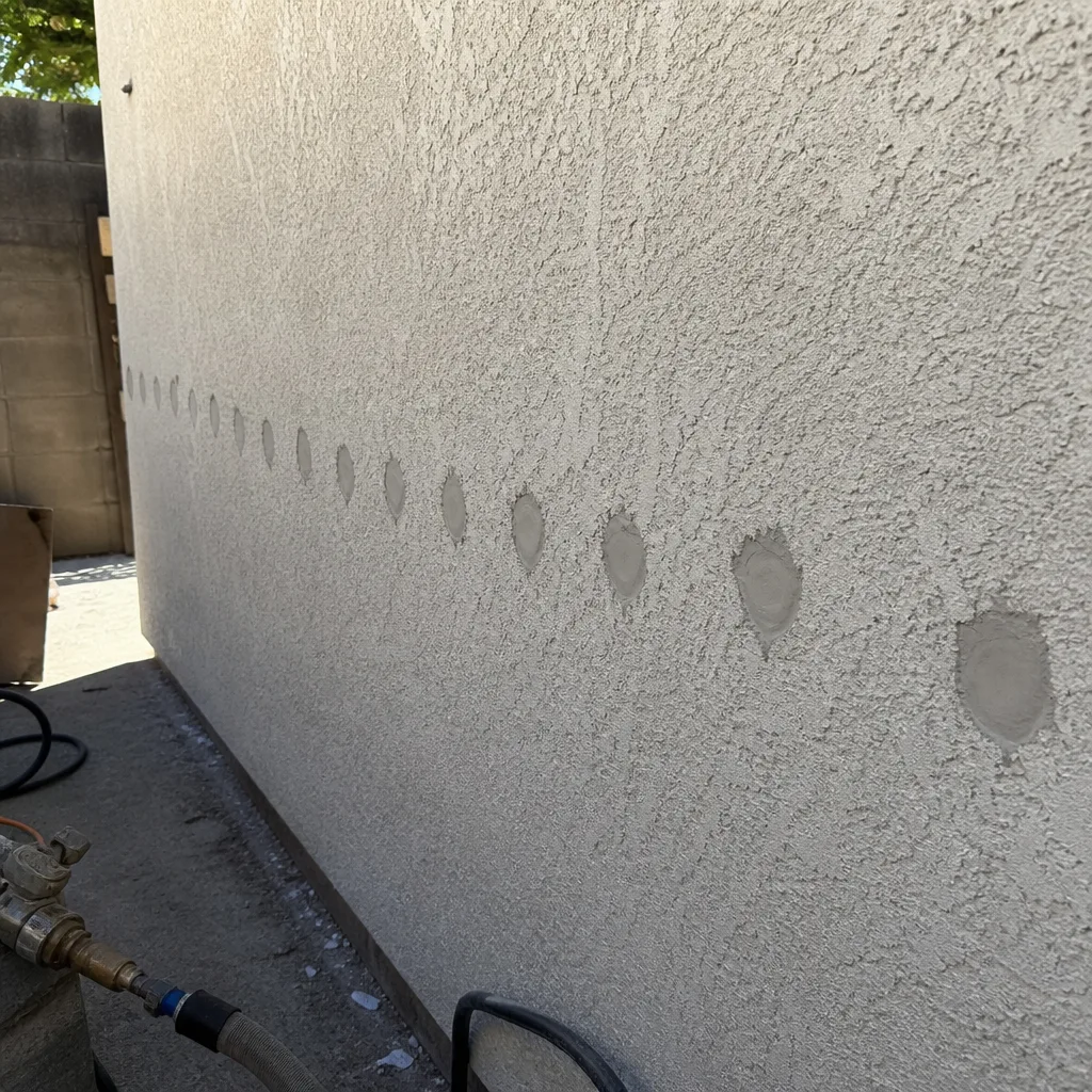 wall insulation injection holes patched on a residential stucco exterior in Anaheim, CA